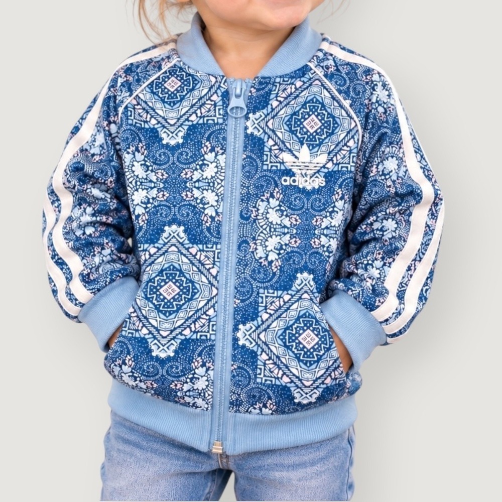 Adidas Track Jacket Blue Paisley Print Full Zip White Stripe Toddler 18 Months